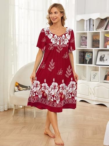 Womens House Dresses with Pockets - Moo Moo Nightgown Short Sleeve Mumu Dress Lounge Dress S-3XL