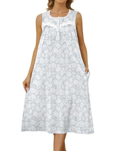 Bloggerlove Women's Sleeveless Nightgown with Pockets and Button Down Design