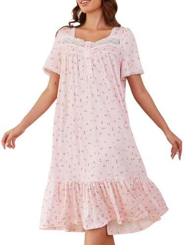 Cripom Women's Long Nightgowns with Lace Collar & Floral Print Pockets S-3XL