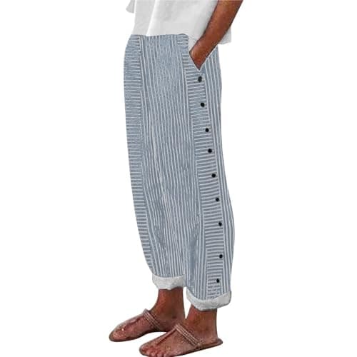 Trendy Women's Casual Linen Pants with Side Buttons and Pockets
