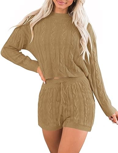 ZESICA Women's Casual Sweater Sets - Long Sleeve Cable Knit Tops and Drawstring Shorts