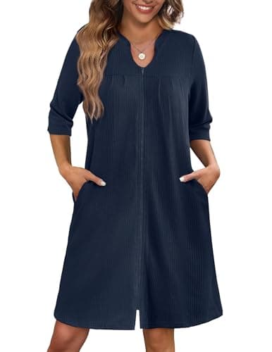 Ekouaer Women's 3/4 Sleeve Waffle Knit Zipper Bathrobe with Pockets S-3XL