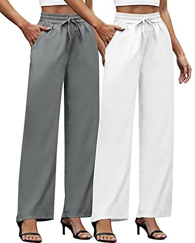 Ficerd Women's Cotton Linen High-Waisted Wide Leg Pants with Pockets