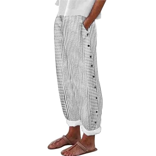 Trendy Women's Casual Linen Pants with Side Buttons and Pockets