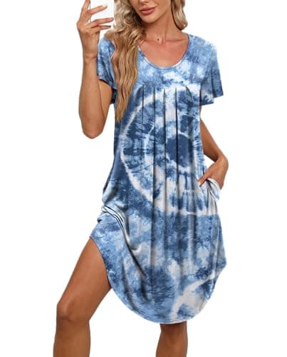 Bestshow Women's Pleated Front Loose Fit Short Sleeve Nightgown with Hand Pockets (S-5XL)