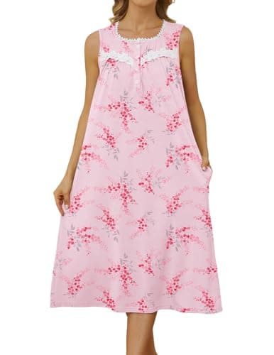 Bloggerlove Women's Sleeveless Nightgown with Pockets and Button Down Design