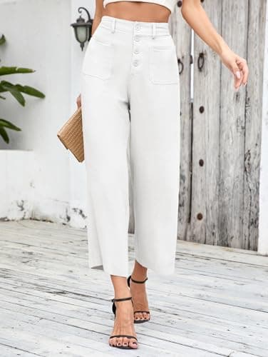 Famulily Women's Linen Button Down Wide Leg Cropped Pants with Pockets