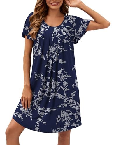 WEACZZY Women's Pleated Loose Fit Ruffle Short Sleeve Nightgown Sleepwear