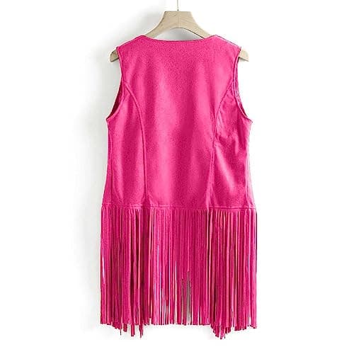 Pink Fringe Leather Vest Jacket - Faux Suede, Open Front Coat