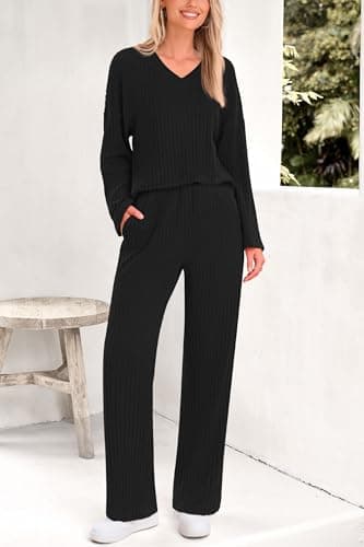 PRETTYGARDEN Women's Long Sleeve V Neck Top & Wide Leg Pants Spring Fall Outfits