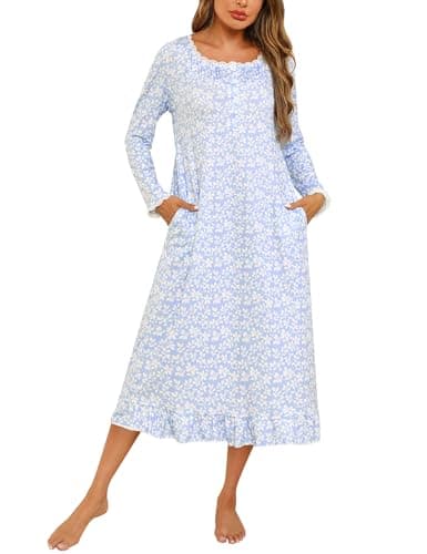 Marvmys Womens Long Sleeve Cotton Nightgown with Lace Trim and Pockets