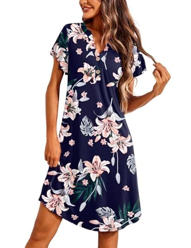 Ekouaer Women's Short Flare Sleeve V-Neck Sleepshirt S-XXL