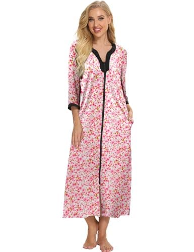 Bloggerlove Soft Cotton Zip Up Robes for Women Night Gown Long House Coat Half Sleeve Sleepwear