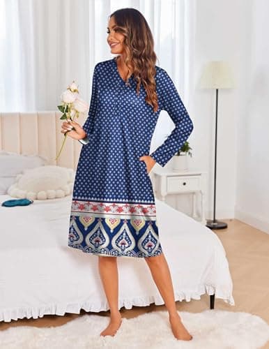 Ekouaer Women's Long Sleeve Nightgown with Pockets