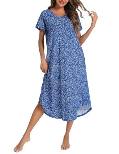 YOZLY Soft V-Neck Short Sleeve Nightgowns for Women with Pockets