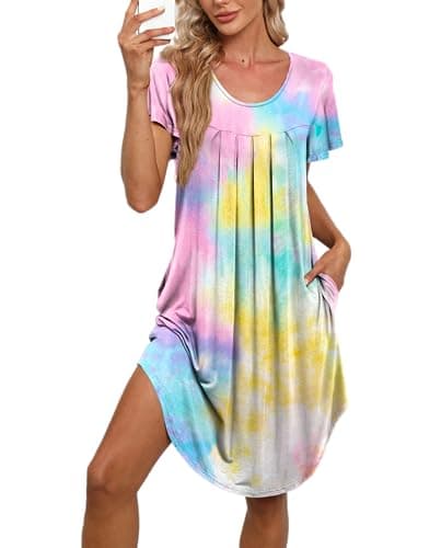 Bestshow Women's Pleated Front Loose Fit Short Sleeve Nightgown with Hand Pockets (S-5XL)