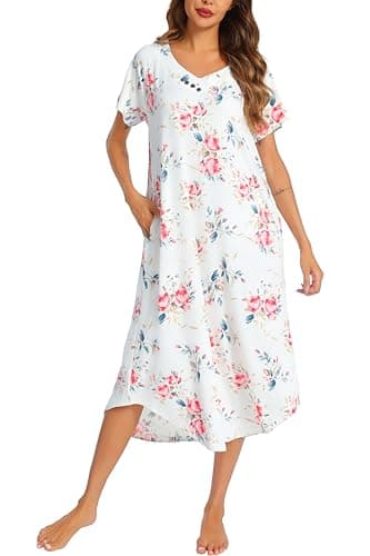 YOZLY Soft V-Neck Short Sleeve Nightgowns for Women with Pockets