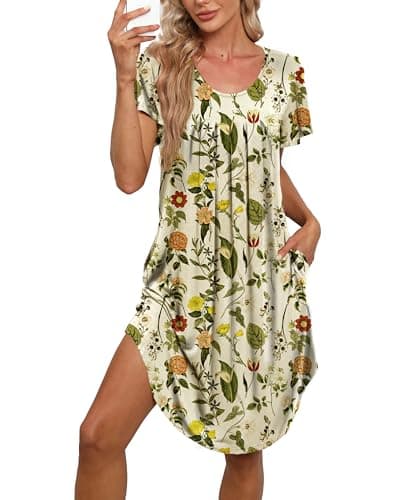 Bestshow Women's Pleated Front Loose Fit Short Sleeve Nightgown with Hand Pockets (S-5XL)