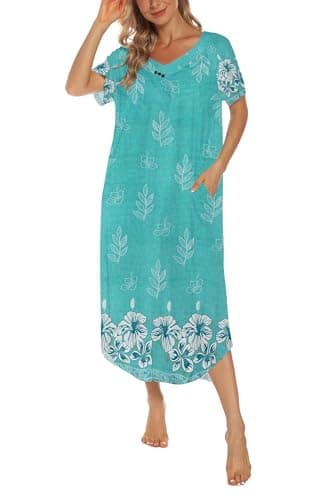 YOZLY Soft V-Neck Short Sleeve Nightgowns for Women with Pockets