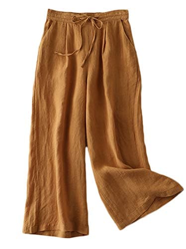 FTCayanz Women's Linen Cropped Wide Leg Pocket Pants Elastic Waist CasualPalazzo