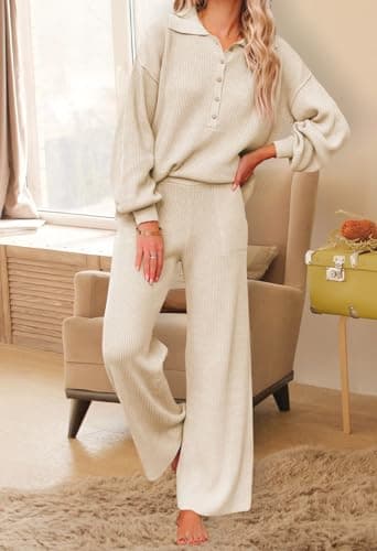 Pink Queen Women's 2-Piece Sweater Set Long SleeveKnit Top & Wide Leg Pants