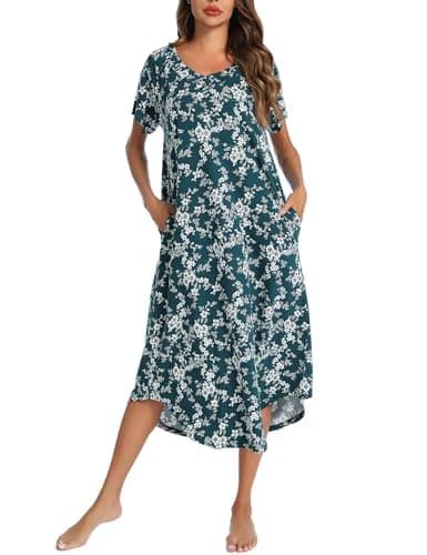 YOZLY Soft V-Neck Short Sleeve Nightgowns for Women with Pockets