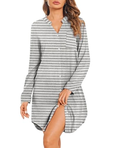 Ekouaer Women's Long Sleeve V-Neck Nightgown