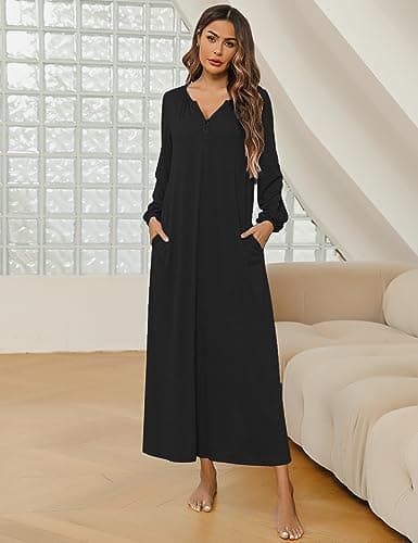 Marvmys Women's Cotton Long Sleeve Nightgown with Pockets