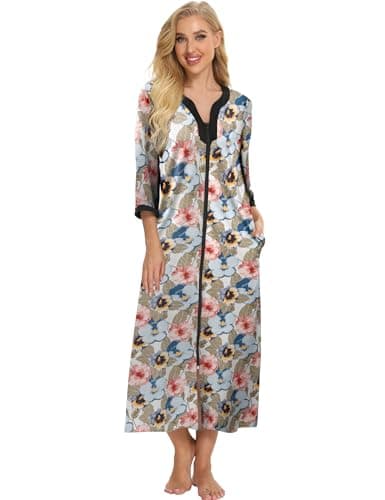 Bloggerlove Soft Cotton Zip Up Robes for Women Night Gown Long House Coat Half Sleeve Sleepwear