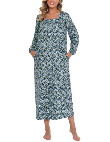 Marvmys Women's Long Sleeve Cotton Nightgown with Pocket S-XXL