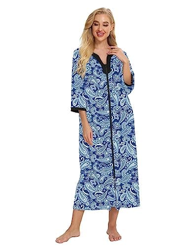 Women's Zip-Up House Dresses: Comfy Print Robe for Nightwear