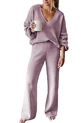 AOHITE Women's Casual V-Neck Knit Sweater Set with Wide Leg Pants