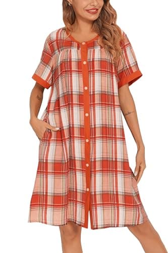 YOZLY Women's Pocketed Short Sleeve House Dress Robe