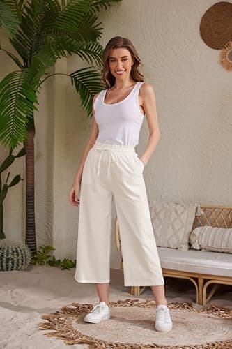 Womens Wide Leg Linen Pants High Waisted Drawstring Beach Leisurepants with Pockets