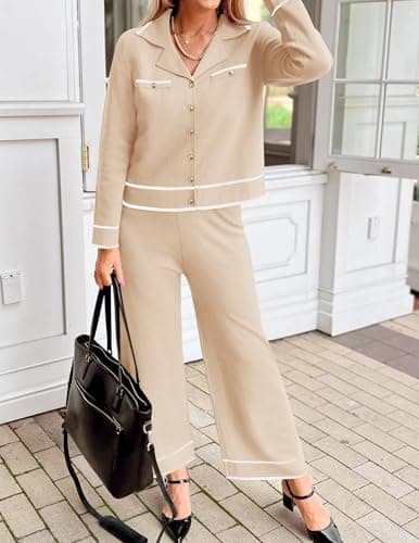 ZESICA Women's Fall Long Sleeve Knit Set V-Neck Sweater & Wide Leg Pants