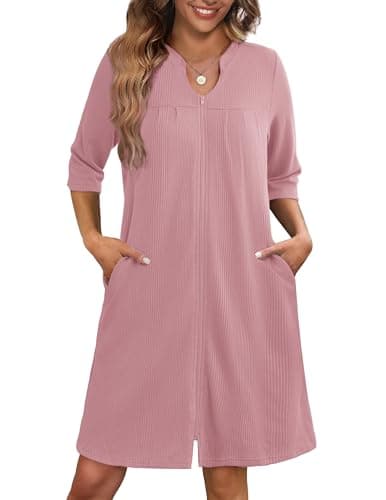 Ekouaer Women's 3/4 Sleeve Waffle Knit Zipper Bathrobe with Pockets S-3XL