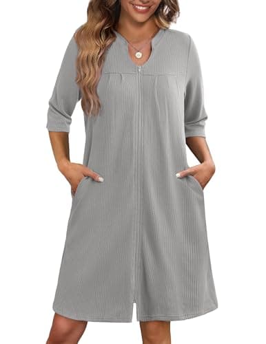 Ekouaer Women's 3/4 Sleeve Waffle Knit Zipper Bathrobe with Pockets S-3XL