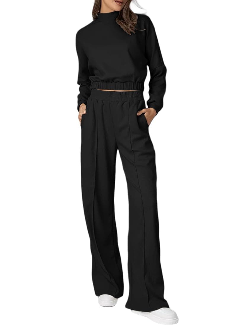 Womens Long Sleeve ZipUp Sweatshirt & Wide Leg Sweatpants Matching Set