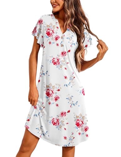 Ekouaer Women's Short Flare Sleeve V-Neck Sleepshirt S-XXL