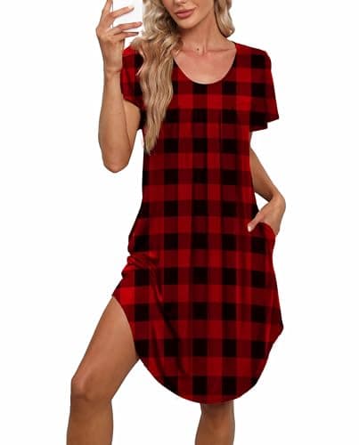 Bestshow Women's Pleated Front Loose Fit Short Sleeve Nightgown with Hand Pockets (S-5XL)