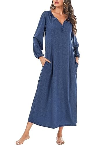 Marvmys Women's Cotton Long Sleeve Nightgown with Pockets