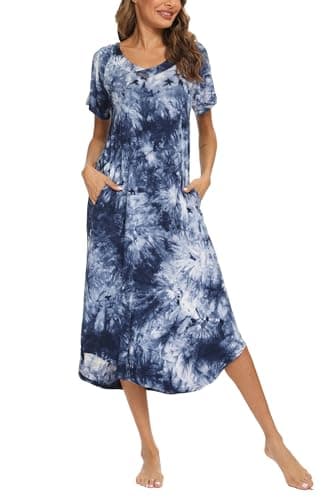YOZLY Soft V-Neck Short Sleeve Nightgowns for Women with Pockets