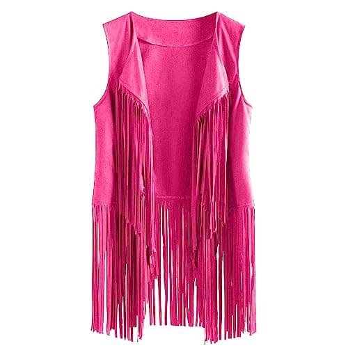 Pink Fringe Leather Vest Jacket - Faux Suede, Open Front Coat