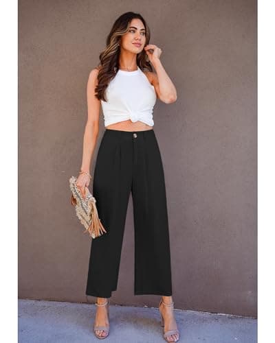 GRAPENT High-Waisted Linen Flowy Pleated Wide Leg Capri Pants