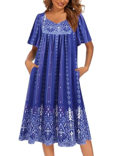 Ekouaer Women's Pleated Nightgown - Short Sleeves & Pockets