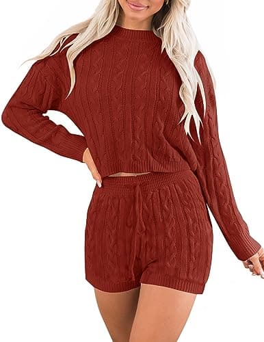 ZESICA Women's Casual Sweater Sets - Long Sleeve Cable Knit Tops and Drawstring Shorts