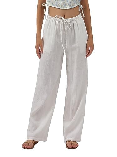 Amazhiyu Women's Pure Linen Summer Drawstring Pants with Pockets