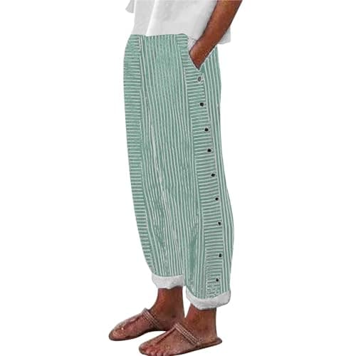 Trendy Women's Casual Linen Pants with Side Buttons and Pockets