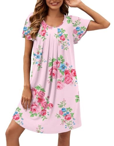WEACZZY Women's Pleated Loose Fit Ruffle Short Sleeve Nightgown Sleepwear