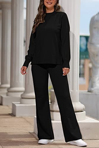 AOHITE Women's Long Sleeve Knit Top & Wide Leg Sweatpants Outfit Set